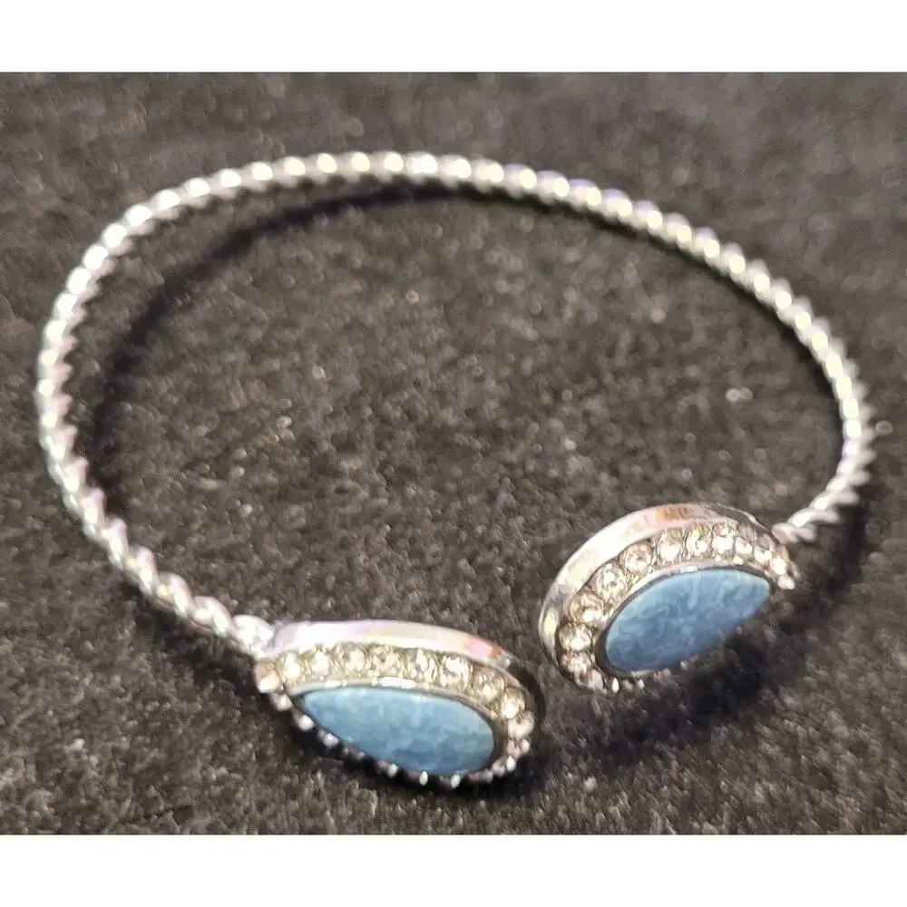 Jilzarah Adjustable Silvertone Bangle Bracelet Blue Clay Cabachon Crystals